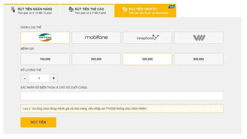 Quy đổi tiền thắng tại Five88 qua thẻ cào điện thoại nhanh gọn