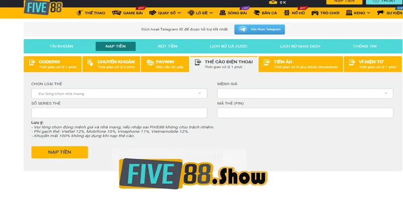 Các bước nạp tiền Five88 chi tiết lần đầu cho người mới