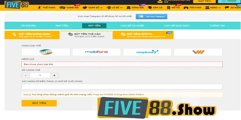 Các hình thức rút tiền Five88 phổ biến nhất