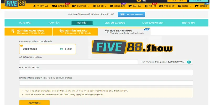 Hướng dẫn các bước rút tiền Five88 an toàn nhanh chóng